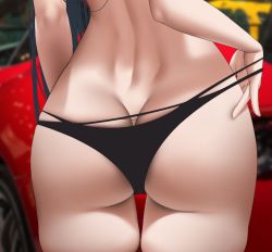 Rule 34 | 1girl, ass, ass focus, azur lane, bikini, black bikini, black hair, blurry, blurry background, butt crack, car, close-up, commentary, cropped, dimples of venus, duplicate, fouriasensei, from behind, long hair, motor vehicle, pulled by self, skindentation, solo, strap pull, swimsuit, symbol-only commentary, taihou (azur lane), taihou (enraptured companion) (azur lane), thigh gap, thighs, unfinished