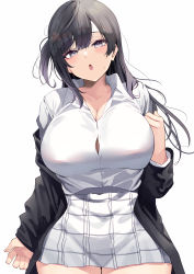 Rule 34 | 1girl, :o, absurdres, black hair, black jacket, blush, breasts, cleavage, collared shirt, commentary, commentary request, cowboy shot, grey eyes, highres, jacket, large breasts, long hair, love live!, love live! nijigasaki high school idol club, namazu (yamasonson), open clothes, open jacket, open mouth, shirt, shirt tucked in, simple background, skirt, solo, white background, white shirt, white skirt, yuki setsuna (love live!)