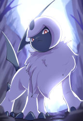 Rule 34 | absol, claws, closed mouth, commentary request, creatures (company), day, from below, game freak, gen 3 pokemon, highres, looking at viewer, nintendo, no humans, outdoors, pokemon, pokemon (creature), red eyes, rumine (yoshi1234567), solo, standing, white fur