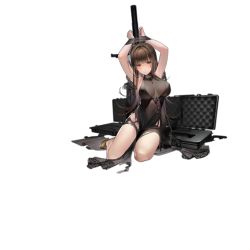 Rule 34 | 1girl, anti-materiel rifle, armpits, arms up, black hair, blast compensator, blunt bangs, bolt-action rifle, bolt action, bound, breasts, brown hair, bullpup, closed mouth, compensator, dress, dsr-50, dsr-50 (girls&#039; frontline), dsr-50 (highest bid) (girls&#039; frontline), evening gown, full body, girls&#039; frontline, gun, jewelry, liduke, long hair, looking at viewer, muzzle device, necklace, neckwear request, official alternate costume, official art, red eyes, rifle, shoes, sniper rifle, solo, suitcase, suppressor, tied up, torn clothes, torn dress, transparent background, weapon, yellow footwear