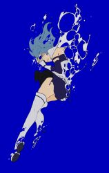 Rule 34 | 1girl, air bubble, blue background, blue hair, blue skirt, blue theme, boots, bubble, capelet, chinese commentary, clenched teeth, covered eyes, detached sleeves, dissolving, full body, gloves, hand up, highres, magical girl, mahou shoujo madoka magica, mahou shoujo madoka magica (anime), miki sayaka, pleated skirt, richanggangaozi, sad, shoe soles, short hair, simple background, skirt, skirt set, solo, soul gem, strapless, teeth, thighhighs, underwater, water, white capelet, white gloves