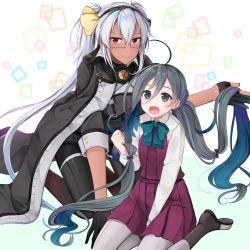 Rule 34 | 2girls, absurdres, ahoge, black gloves, blue hair, boots, bow, bowtie, commentary request, dark-skinned female, dark skin, glasses, gloves, grey eyes, grey hair, grey legwear, hair between eyes, halterneck, headgear, highres, holding, holding own hair, kantai collection, kiyoshimo (kancolle), long hair, looking at viewer, low twintails, multicolored hair, multiple girls, musashi (kancolle), musashi kai ni (kancolle), open mouth, pantyhose, partially fingerless gloves, red eyes, school uniform, semi-rimless eyewear, shirt, sitting, smile, twintails, two side up, very long hair, wariza, white background, white shirt, yunamaro