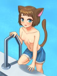 Rule 34 | 1girl, animal ears, arm support, bandaid, bandaid on face, blue eyes, blue male swimwear, blue shorts, blue swim trunks, blush, breasts, brown hair, cat ears, cat girl, cat tail, collarbone, commission, cowboy shot, crossdressing, embarrassed, female focus, highres, humiliation, leg up, looking at viewer, mahorama18, male swimwear, male swimwear challenge, navel, nipples, open mouth, original, pool, pool ladder, poolside, raised eyebrows, short hair, shorts, small breasts, solo, swim trunks, tail, tail raised, topless, water
