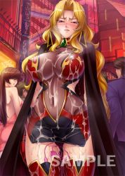 Rule 34 | 00s, 1boy, 2girls, alicia viewstream, blonde hair, blush, breasts, cum, cum on body, cum on breasts, cum on clothes, cum on upper body, dress, covered erect nipples, gloves, hip focus, kagami hirotaka, kangoku senkan, kangoku senkan 2, large breasts, multiple girls, multiple insertions, outdoors, public indecency, red eyes, see-through, sex toy, skin tight, thighhighs, vibrator, vibrator in thighhighs, wide hips