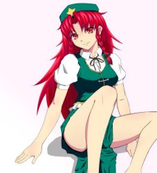 Rule 34 | 1girl, beret, blush, braid, breasts, chinese clothes, female focus, hat, hong meiling, long hair, red hair, ribbon, sabote, sitting, skirt, smile, solo, star (symbol), tangzhuang, touhou, twin braids