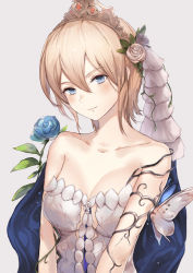 Rule 34 | 1girl, arms at sides, asymmetrical clothes, bare shoulders, blonde hair, blue cape, blue eyes, blue flower, blue rose, blush, breasts, bug, butterfly, cape, cleavage, collarbone, crown, dress, europa (granblue fantasy), female focus, flower, gem, granblue fantasy, grey background, hair between eyes, hair flower, hair ornament, head tilt, insect, jewelry, kachi, leaf, looking at viewer, medium breasts, naughty face, neck, parted lips, purple flower, purple rose, rose, short hair, simple background, single strap, smile, solo, strapless, strapless dress, topaz (stone), upper body, white dress, white flower, white rose