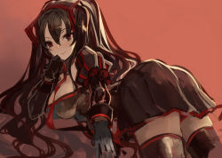 Rule 34 | 1girl, black gloves, black hair, black skirt, blush, breasts, brown background, cleavage, closed mouth, gloves, hair between eyes, hairband, juliet sleeves, large breasts, long hair, long sleeves, looking at viewer, looking back, puffy sleeves, pupps, red eyes, simple background, skirt, smile, solo, thighhighs, thighs, twintails, very long hair, vocaloid, zatsune miku, zettai ryouiki