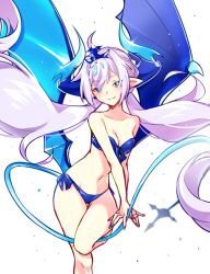 Rule 34 | 1girl, absurdly long hair, bikini, blue bikini, blue eyes, blue nails, blue wings, breasts, cleavage, collarbone, elsword, eungking (tog2029), floating hair, hair ornament, leg up, long hair, looking at viewer, luciela r. sourcream, medium breasts, nail polish, navel, pointy ears, side-tie bikini bottom, silver hair, smile, solo, strapless, strapless bikini, swimsuit, twintails, very long hair, wings