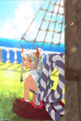 Rule 34 | 1girl, akmn, bare shoulders, breasts, curled horns, earrings, green hair, hair ornament, hair stick, highres, horns, japanese clothes, jewelry, kimono, long hair, looking at viewer, multicolored hair, multicolored horns, ocean, one piece, oni, red horns, rope, sideboob, sleeveless, solo, white hair, yamato (one piece)