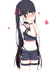Rule 34 | 1girl, bare shoulders, black camisole, black choker, black hair, black panties, black shorts, blouse, blunt bangs, blush, camisole, choker, closed mouth, collarbone, commentary request, eyebrows hidden by hair, hair ribbon, hands on own face, hands up, heart, highleg, highleg panties, ichiki 1, long hair, looking away, midriff, navel, nose blush, original, panties, red eyes, red ribbon, ribbon, shirt, short shorts, shorts, sleeveless, sleeveless shirt, solo, stomach, thigh strap, twintails, underwear, very long hair, wavy mouth