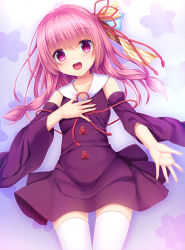 Rule 34 | 1girl, :d, breasts, collarbone, commentary request, detached sleeves, dress, floral background, hair between eyes, hair ribbon, highres, kotonoha akane, long hair, long sleeves, looking at viewer, open mouth, pink hair, purple background, purple dress, purple eyes, purple sleeves, red ribbon, ribbon, sleeveless, sleeveless dress, small breasts, smile, solo, thighhighs, umitonakai, very long hair, voiceroid, white thighhighs, wide sleeves
