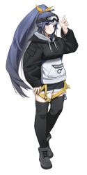 Rule 34 | 1girl, absurdres, arm up, black hoodie, black shorts, black thighhighs, blue hair, boots, closed mouth, commentary request, commission, drawstring, full body, goggles, goggles on head, grey eyes, grey footwear, grey hair, hair ribbon, high ponytail, highres, hood, hood down, hoodie, korean commentary, long hair, multicolored hair, original, ponytail, ribbon, shorts, simple background, smile, soda (sod4), solo, standing, thighhighs, thighhighs under boots, two-tone hair, very long hair, white background, yellow ribbon
