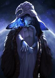 Rule 34 | 1girl, absurdres, blue hair, blue skin, cloak, closed mouth, colored skin, dress, elden ring, extra arms, extra faces, full moon, fur cloak, hat, highres, jewelry, long dress, long hair, long sleeves, looking at viewer, moon, one eye closed, ranni the witch, reaching, reaching towards viewer, ring, sky, smile, solo, spoilers, star (sky), starry sky, unusualpie, white dress, wide sleeves, witch hat