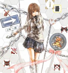 Rule 34 | 1girl, amagami, brown hair, cat, chain, cuffs, grey eyes, hairband, hand on own face, handcuffs, heart, honeycomb background, honeycomb pattern, kamizaki risa, l-grey, long hair, mouth hold, open collar, ribbon, road sign, school uniform, sign, skirt, smile, solo, standing, stuffed animal, stuffed toy, teddy bear