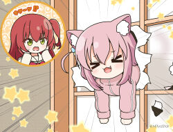 Rule 34 | &gt; &lt;, 2girls, :d, animal ears, bocchi the rock!, cat day, cat ears, chibi, chibi inset, closed eyes, commentary, cube hair ornament, emphasis lines, fang, gotoh hitori, green eyes, hair between eyes, hair ornament, hands on own face, hands up, hole, kemonomimi mode, kita ikuyo, long hair, mini person, minigirl, mitya, multiple girls, one side up, open mouth, pink hair, red hair, sailor collar, shirt, shouji, sliding doors, smile, star (symbol), through door, translated, twitter username, wavy mouth, white sailor collar, white shirt, xd