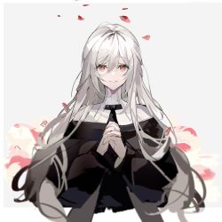Rule 34 | 1girl, arknights, black dress, dress, hair between eyes, hands up, highres, long hair, long sleeves, looking at viewer, nun, off-shoulder dress, off shoulder, own hands clasped, own hands together, praying, red eyes, ribbed sweater, silver hair, smile, solo, specter (arknights), sweater, taiz22, tears, turtleneck, turtleneck sweater, upper body, white background, white sweater
