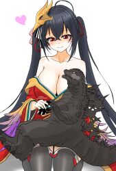 Rule 34 | 1girl, ahoge, alternate size, azur lane, bare shoulders, black hair, black scales, blush, breasts, choker, cleavage, collarbone, commission, godzilla, godzilla (series), godzilla minus one, hair between eyes, hair ornament, heart, highres, huge breasts, ibuki (tulta icon), jacket, japanese clothes, kaijuu, kimono, large breasts, long hair, looking at viewer, red eyes, red jacket, red kimono, sitting, skeb commission, smile, spines, taihou (azur lane), thighhighs, toho, very long hair, wariza