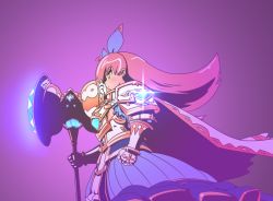 Rule 34 | 1girl, armor, bad id, bad pixiv id, blue bow, blue skirt, bow, cape, clenched hand, feconf, gauntlets, green eyes, hair bow, hammer, holding, holding hammer, long hair, palffy (sennen sensou aigis), pink hair, profile, purple background, sennen sensou aigis, simple background, skirt, solo, sparkle, standing, war hammer, weapon, white cape