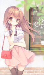 Rule 34 | 1girl, bag, black thighhighs, blouse, blurry, blush, book, brown eyes, brown hair, cowboy shot, depth of field, earrings, floating hair, flower earrings, highres, holding, holding book, jewelry, long hair, looking at viewer, off shoulder, original, outdoors, parted lips, pink skirt, satchel, shirt, shiyu (sweet dream), skirt, solo, spaghetti strap, thighhighs, white shirt, window