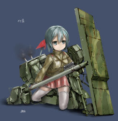 Rule 34 | blue background, breasts, cannon, character name, highres, imperial japanese army, mecha musume, military, mori kadoru, o-i (tank), personification, seiza, shield, signature, simple background, sitting, small breasts, solo, uniform, weapon, world of tanks