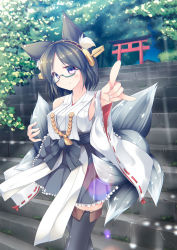 Rule 34 | 10s, 1girl, animal ears, bare shoulders, black hair, blouse, boots, breasts, detached sleeves, forest, fox ears, fox tail, glasses, green-framed eyewear, hairband, headgear, japanese clothes, kantai collection, kemonomimi mode, kirishima (kancolle), multiple tails, nature, no legwear, nontraditional miko, ribbon-trimmed sleeves, ribbon trim, shirt, short hair, shrine, smile, solo, stairs, tail, thigh boots, thighhighs, torii, torii (kedamatori), tree
