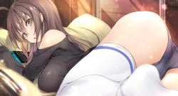 Rule 34 | 1girl, :o, ahoge, artist name, ass, black panties, breasts, brown eyes, brown hair, from behind, holding, large breasts, long hair, long sleeves, looking at viewer, looking back, lying, nintendo switch, no pants, no shoes, on stomach, open mouth, original, panties, pillow, solo, underwear, white legwear, won (az hybrid)