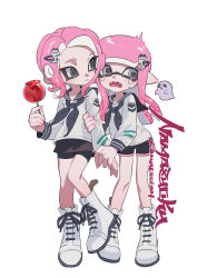 Rule 34 | 2girls, absurdres, artist name, black shorts, boots, candy apple, commentary request, cross-laced footwear, eyelashes, fangs, food, full body, grey eyes, highres, holding, holding food, inkling, inkling girl, inkling player character, long hair, medium hair, multiple girls, namazuoku, nintendo, octoling, octoling girl, octoling player character, open mouth, parted lips, pink hair, pink trim, pointy ears, sailor collar, sailor shirt, scared, sheet ghost, shirt, short shorts, shorts, simple background, splatoon (series), standing, standing on one leg, sweat, tentacle hair, white background, white footwear, white shirt
