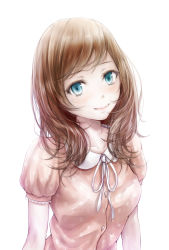 Rule 34 | 1girl, brown hair, closed mouth, collared shirt, commentary request, green eyes, looking at viewer, neck ribbon, nuwanko, original, pink shirt, puffy short sleeves, puffy sleeves, ribbon, shirt, short sleeves, simple background, smile, solo, swept bangs, white background, white ribbon
