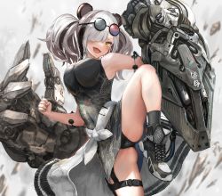 Rule 34 | 1girl, animal ears, arknights, black hair, black panties, breasts, china dress, chinese clothes, cleavage cutout, clothing cutout, dress, eyewear on head, feater (arknights), hair over one eye, highres, jacket, large breasts, leg up, long hair, looking at viewer, mechanical arms, multicolored hair, nihoshi (bipedal s), open mouth, panda ears, panties, silver hair, smile, solo, standing, standing on one leg, streaked hair, sunglasses, twintails, underwear