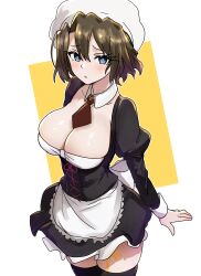 Rule 34 | 1girl, absurdres, alternate breast size, apron, beret, black thighhighs, blue eyes, blush, breasts, bright pupils, brown hair, cleavage, detached collar, ebora, hat, highres, large breasts, leg tattoo, looking at viewer, maid, maid apron, necktie, red necktie, shannon (umineko), short hair, solo, sweatdrop, tattoo, thighhighs, umineko no naku koro ni, white hat, white pupils