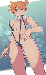 Rule 34 | 1girl, bare shoulders, bikini, blue background, blue bikini, blue eyes, blue one-piece swimsuit, blurry, blurry background, breasts, closed mouth, cowboy shot, creatures (company), female pubic hair, from below, game freak, hand on own hip, highres, lamb-oic029, looking at viewer, medium breasts, misty (pokemon), nintendo, one-piece swimsuit, orange hair, pokemon, pokemon rgby, pubic hair, pubic hair peek, short hair, side ponytail, slingshot swimsuit, smile, solo, standing, swimsuit
