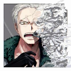 Rule 34 | 1boy, facial hair, gloves, highres, long sideburns, looking at viewer, male focus, one piece, portrait, short hair, sideburns, smoke, smoker (one piece), solo, stubble, white hair, yadu nadu