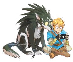 Rule 34 | 1boy, :&lt;, blonde hair, blue eyes, boots, dual persona, handheld game console, link, wolf link, nintendo, nintendo switch, playing games, pointy ears, reddverse, sitting, the legend of zelda, the legend of zelda: breath of the wild, the legend of zelda: twilight princess, white background, wolf
