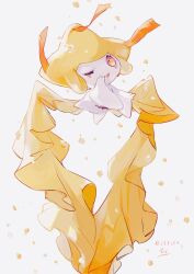 Rule 34 | alternate color, animal focus, commentary, creatures (company), facial mark, floating, flying, frills, full body, game freak, gen 3 pokemon, grey background, hand on own face, hideko (l33l3b), highres, jirachi, legendary pokemon, mythical pokemon, nintendo, no humans, one eye closed, open mouth, pokemon, pokemon (creature), shiny pokemon, signature, simple background, solo, twitter username, yellow eyes