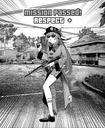 Rule 34 | 1girl, :&lt;, absurdres, assault rifle, black shorts, coat, coattails, collared coat, collared shirt, commentary, emphasis lines, english commentary, flower, full body, game screenshot background, genshin impact, grand theft auto, grand theft auto: san andreas, greyscale, gun, handgun, hat, highres, holding, holding gun, holding weapon, hu tao (genshin impact), long hair, m16, m16a2, monochrome, plum blossoms, porkpie hat, rifle, screentones, shirt, shoes, shorts, smug, socks, solo, standing, sunglasses, talisman, tassel, twintails, very long hair, weapon, xyanaid