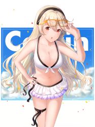 Rule 34 | 1girl, bikini, black ribbon, breasts, character name, cleavage, corrin (female) (fire emblem), corrin (female) (summer) (fire emblem), corrin (fire emblem), fire emblem, fire emblem fates, fire emblem heroes, glasses, hair between eyes, hairband, hand on own hip, highres, large breasts, long hair, navel, niko (aiai03012), nintendo, official alternate costume, open mouth, petals, pointy ears, red eyes, ribbon, solo, swimsuit, white bikini, white hair