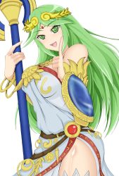 Rule 34 | 1girl, arm guards, bad id, bad pixiv id, bare shoulders, belt, bracelet, circlet, fairdn, green eyes, green hair, highres, jewelry, kid icarus, kid icarus uprising, long hair, looking at viewer, lots of jewelry, matching hair/eyes, nintendo, open mouth, palutena, side slit, smile, solo, staff, thighhighs, white background