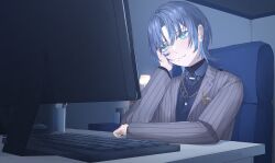 Rule 34 | 1girl, blue eyes, blue hair, bubble pimbolaria, bug, chair, collared shirt, desk, hand on own face, highres, hiodoshi ao, hololive, jacket, jewelry, keyboard (computer), lamp, light smile, long sleeves, looking at screen, mole, mole under mouth, monitor, nail polish, necklace, shirt, short hair, sitting, suit jacket, sweater vest, virtual youtuber