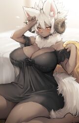 Rule 34 | 1girl, absurdres, animal ear fluff, animal ears, animal nose, black dress, blush, body fur, breasts, brown fur, cleavage, closed mouth, curled horns, dress, furry, furry female, highres, horns, large breasts, looking at viewer, original, sheep girl, sheep horns, sheep tail, sitting, solo, suurin (ksyaro), tail, twitter username, white hair, yellow eyes