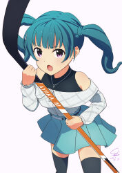 Rule 34 | 1girl, :o, absurdres, black thighhighs, blue hair, blue skirt, character name, dated, highres, hockey stick, holding hockey stick, jewelry, long sleeves, looking at viewer, mizusawa ayaka, necklace, puraore! pride of orange, purple eyes, simple background, skirt, solo, standing, thighhighs, twintails, white background