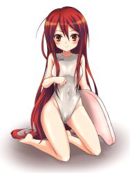 Rule 34 | 1girl, alternate color, asics, barefoot, blush, brand name imitation, breasts, competition swimsuit, grey one-piece swimsuit, holding, kickboard, kneeling, long hair, looking at viewer, one-piece swimsuit, red eyes, red hair, shakugan no shana, shana, small breasts, solo, swimsuit, uzumi (uzumi yosi)