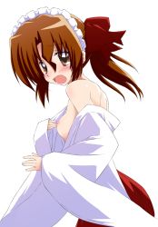 Rule 34 | 1girl, back, bare back, bare shoulders, blush, bow, breasts, brown hair, clothes down, hair bow, hayate no gotoku!, highres, japanese clothes, long hair, looking back, maria (hayate no gotoku!), medium breasts, miko, nipples, no bra, open mouth, ponytail, red eyes, solo, undressing