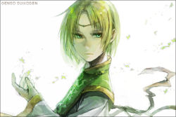 Rule 34 | 1boy, blonde hair, copyright name, expressionless, gensou suikoden, gensou suikoden iii, green hair, ha.skr (hasukara), looking back, lowres, luc (suikoden), male focus, solo, wind