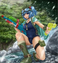 Rule 34 | 1girl, backpack, bag, blue eyes, blue hair, blush, boots, breasts, cameltoe, female focus, fingerless gloves, gloves, goggles, hair bobbles, hair ornament, hat, kawashiro nitori, key, kneeling, matching hair/eyes, miyakouji, nature, one-piece swimsuit, outdoors, pouch, randoseru, rock, school swimsuit, solo, stream, swimsuit, thigh strap, touhou, twintails, water, water gun