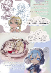 Rule 34 | &gt; &lt;, 1boy, 1other, 3girls, absurdres, animal ears, belt, blonde hair, blue eyes, blue hair, blush, brown eyes, closed mouth, collarbone, furry, gloves, green eyes, helmet, highres, long hair, looking away, lying, made in abyss, maruruk, mitty (made in abyss), multiple girls, nanachi (made in abyss), neko nabe, open mouth, ozen, partially colored, pot, red eyes, riko (made in abyss), smile, tail, tail grab, thought bubble, trap, triangle mouth, tsukushi akihito, twintails, whiskers, whistle, whistle around neck