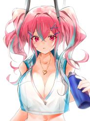 Rule 34 | 1girl, azur lane, bare shoulders, blush, bottle, bow, breasts, bremerton (azur lane), bremerton (scorching-hot training) (azur lane), cleavage, collared shirt, commentary, crop top, grey hair, hair between eyes, hair bow, hair ornament, hairclip, heart, heart necklace, highres, irohatomo, jewelry, large breasts, long hair, looking at viewer, mole, mole under eye, multicolored hair, necklace, open mouth, pink eyes, pink hair, shirt, sleeveless, sleeveless shirt, solo, stomach, streaked hair, sweatdrop, twintails, two-tone hair, two-tone shirt, upper body, water bottle, white background, x hair ornament