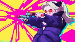 Rule 34 | 1girl, angry, animated, animated gif, artificial eye, blue coat, bra, breasts, coat, colored sclera, cyberpunk (series), cyberpunk edgerunners, dual wielding, firing, grey hair, gun, highres, holding, holding gun, holding weapon, long hair, lucciwork, mechanical eye, open mouth, pink background, rebecca (cyberpunk), red eyes, red sclera, small breasts, solo, tattoo, underwear, weapon, yellow background