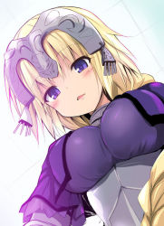 Rule 34 | 1girl, armor, armored dress, blonde hair, blush, braid, breasts, capelet, corset, dutch angle, eyebrows, fate/apocrypha, fate/grand order, fate (series), from below, headpiece, jeanne d&#039;arc (fate), jeanne d&#039;arc (ruler) (fate), large breasts, long hair, looking at viewer, open mouth, purple eyes, sen (astronomy), single braid, solo, triangle mouth, upper body