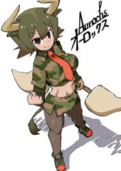 Rule 34 | &gt;:), 1girl, 370ml, animal ears, arm at side, aurochs (kemono friends), breast pocket, brown eyes, brown hair, brown pantyhose, camouflage, camouflage shirt, camouflage skirt, character name, clenched hand, closed mouth, collared shirt, cow ears, cow horns, cow tail, crop top, cropped shirt, empty eyes, full body, green hair, hand up, highres, holding, holding weapon, horn lance, horns, kemono friends, layered sleeves, long sleeves, looking at viewer, medium hair, midriff, miniskirt, multicolored hair, navel, necktie, pantyhose, pocket, polearm, print shirt, print skirt, red necktie, shirt, shoes, short over long sleeves, short sleeves, skirt, smile, solo, standing, stomach, tail, tan, two-tone hair, v-shaped eyebrows, weapon, wing collar