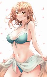 Rule 34 | 1girl, alternate breast size, bikini, blue bikini, blush, breasts, brown eyes, brown hair, cleavage, closed mouth, collarbone, commentary request, isshiki iroha, large breasts, looking at viewer, medium hair, navel, red hayao, simple background, smile, solo, swimsuit, white background, yahari ore no seishun lovecome wa machigatteiru.
